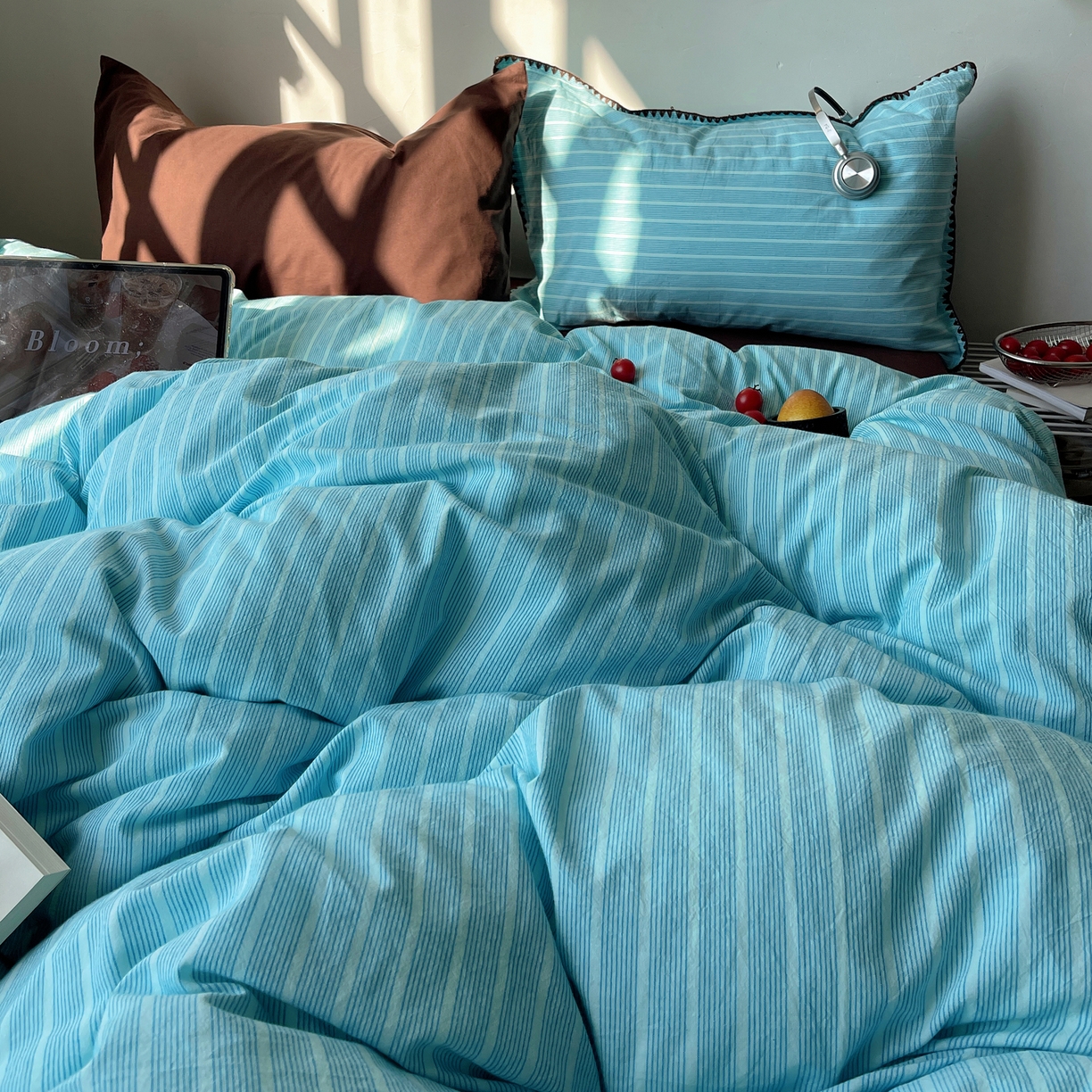 91家纺网 家纺一手货源 找家纺 瑞莱 2026年新款全棉纯棉水洗棉贝壳边四件套 旧港蓝棕