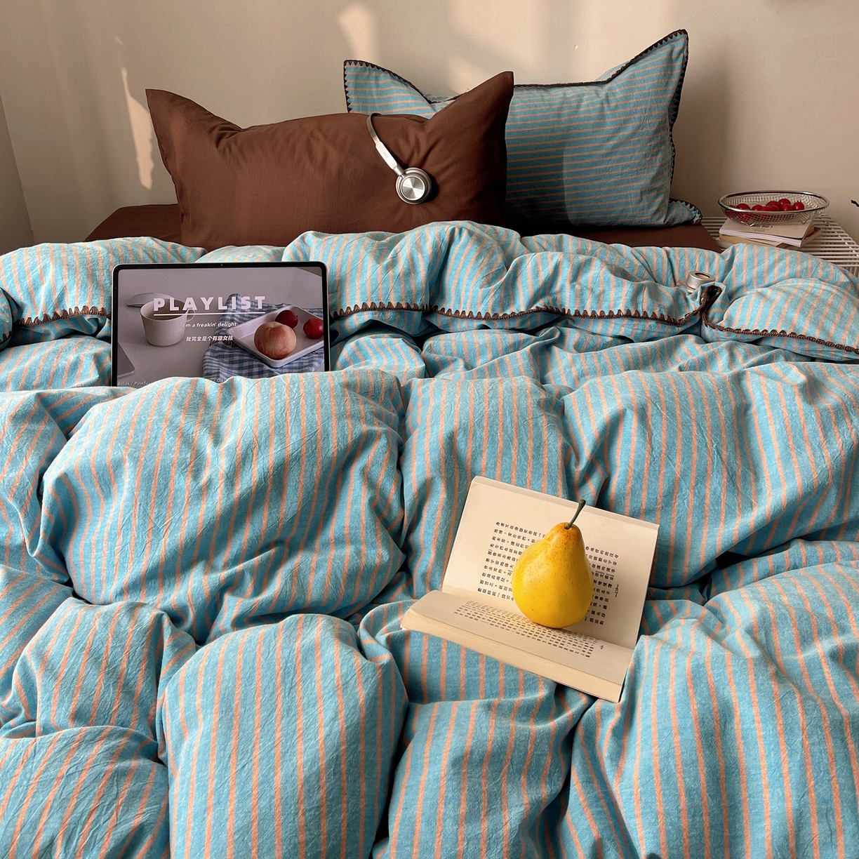 91家纺网 家纺一手货源 找家纺 瑞莱 2026年新款全棉纯棉水洗棉贝壳边四件套 棕岸蓝漪