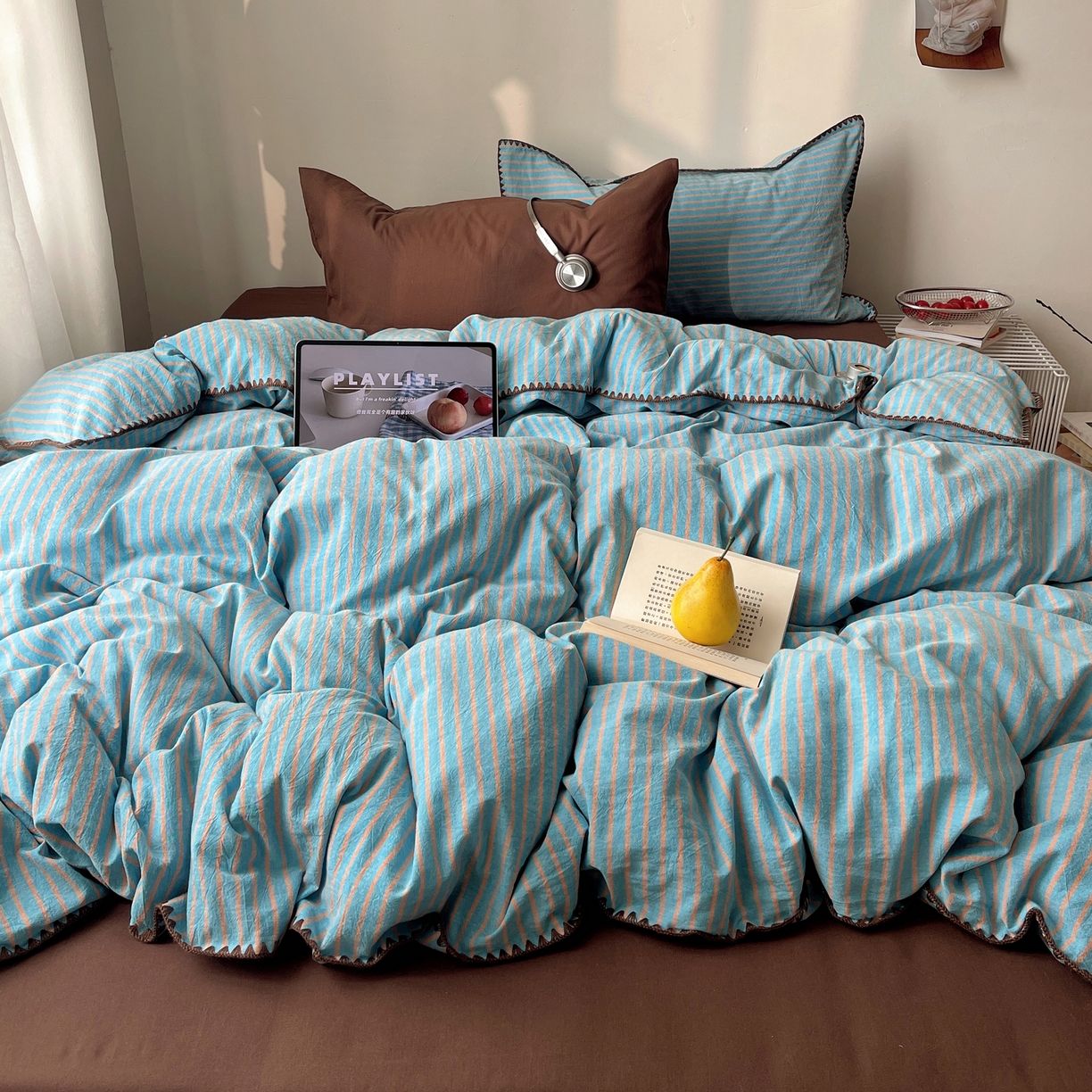 91家纺网 家纺一手货源 找家纺 瑞莱 2026年新款全棉纯棉水洗棉贝壳边四件套 棕岸蓝漪