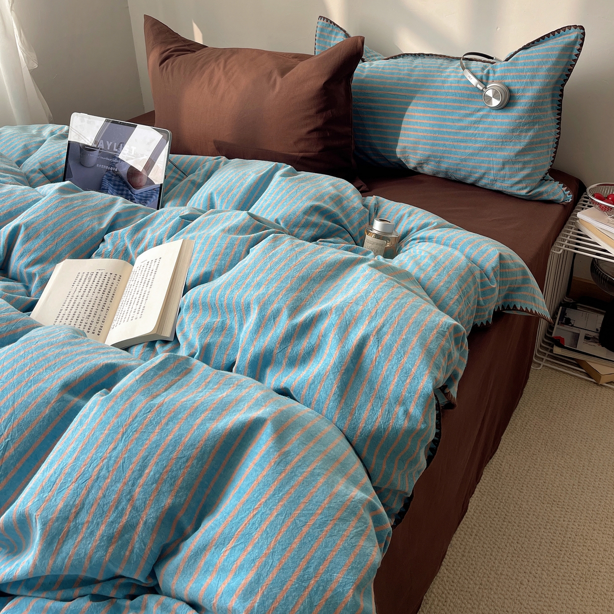 91家纺网 家纺一手货源 找家纺 瑞莱 2026年新款全棉纯棉水洗棉贝壳边四件套 棕岸蓝漪