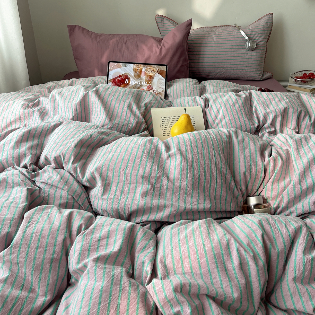 91家纺网 家纺一手货源 找家纺 瑞莱 2026年新款全棉纯棉水洗棉贝壳边四件套 雾屿紫青