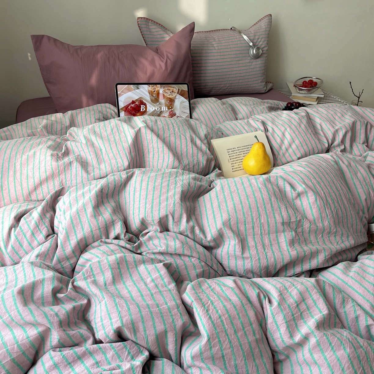 91家纺网 家纺一手货源 找家纺 瑞莱 2026年新款全棉纯棉水洗棉贝壳边四件套 雾屿紫青