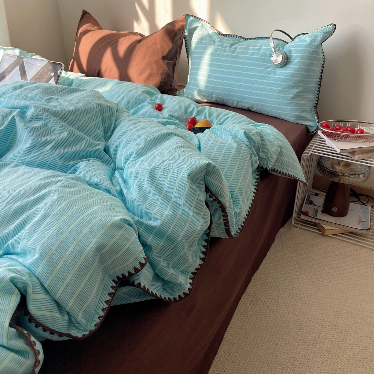 91家纺网 家纺一手货源 找家纺 瑞莱 2026年新款全棉纯棉水洗棉贝壳边四件套 旧港蓝棕