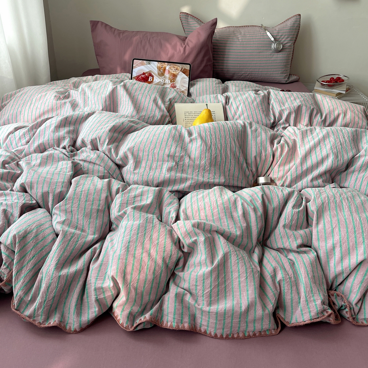 91家纺网 家纺一手货源 找家纺 瑞莱 2026年新款全棉纯棉水洗棉贝壳边四件套 雾屿紫青