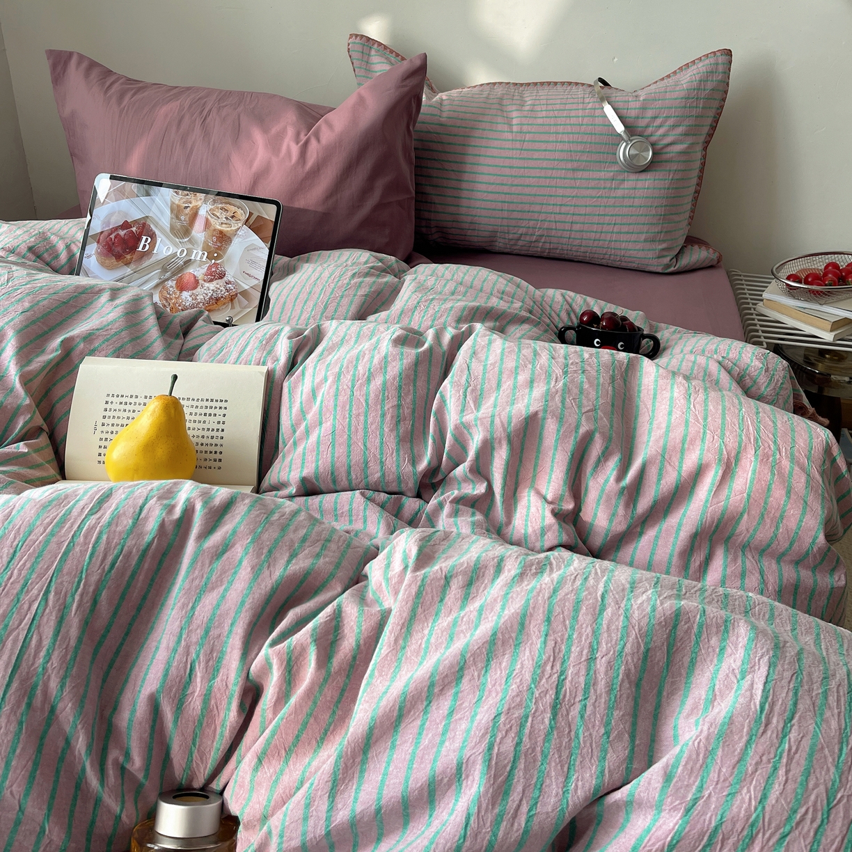 91家纺网 家纺一手货源 找家纺 瑞莱 2026年新款全棉纯棉水洗棉贝壳边四件套 雾屿紫青