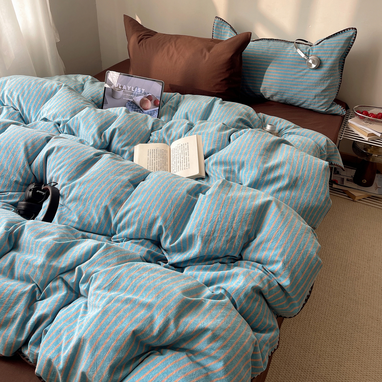 91家纺网 家纺一手货源 找家纺 瑞莱 2026年新款全棉纯棉水洗棉贝壳边四件套 棕岸蓝漪