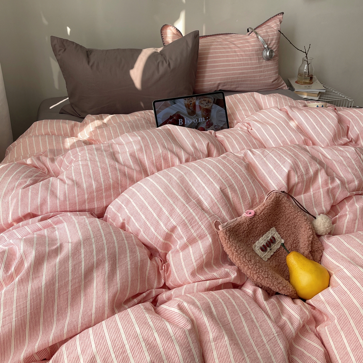 91家纺网 家纺一手货源 找家纺 瑞莱 2026年新款全棉纯棉水洗棉贝壳边四件套 粉序白织