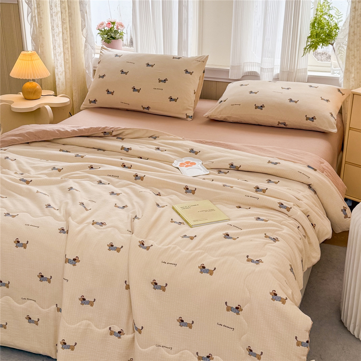 91家纺网 家纺一手货源 找家纺 艺菲阁家纺 2026新款云感双层纱夏被夏凉被空调被 俏皮狗