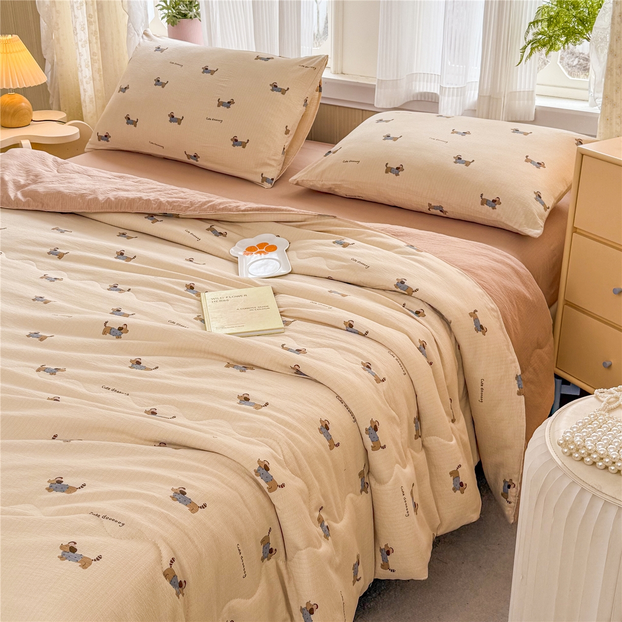 91家纺网 家纺一手货源 找家纺 艺菲阁家纺 2026新款云感双层纱夏被夏凉被空调被 俏皮狗