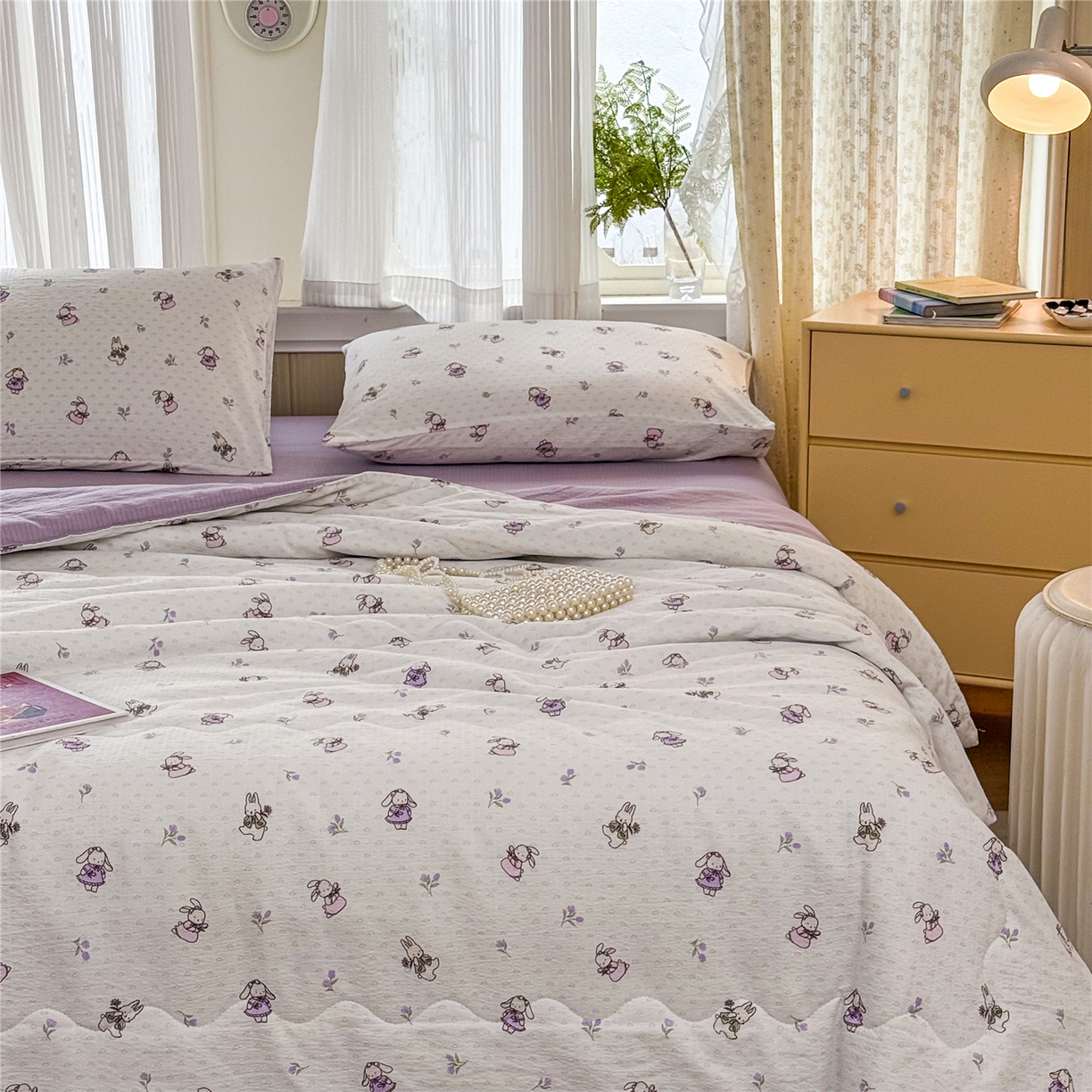 91家纺网 家纺一手货源 找家纺 艺菲阁家纺 2026新款云感双层纱夏被夏凉被空调被 裙小兔