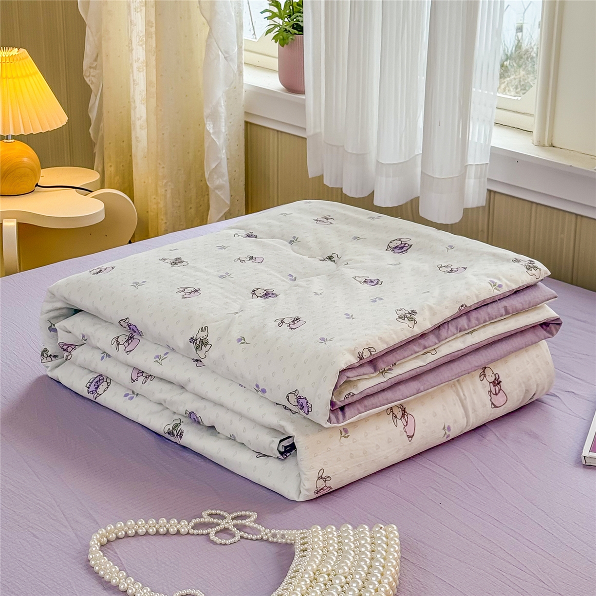 91家纺网 家纺一手货源 找家纺 艺菲阁家纺 2026新款云感双层纱夏被夏凉被空调被 裙小兔