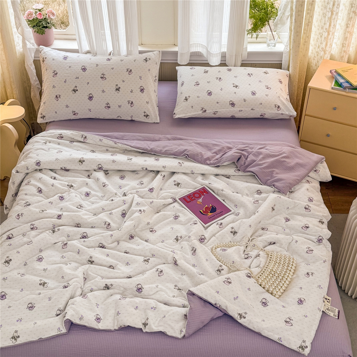 91家纺网 家纺一手货源 找家纺 艺菲阁家纺 2026新款云感双层纱夏被夏凉被空调被 裙小兔