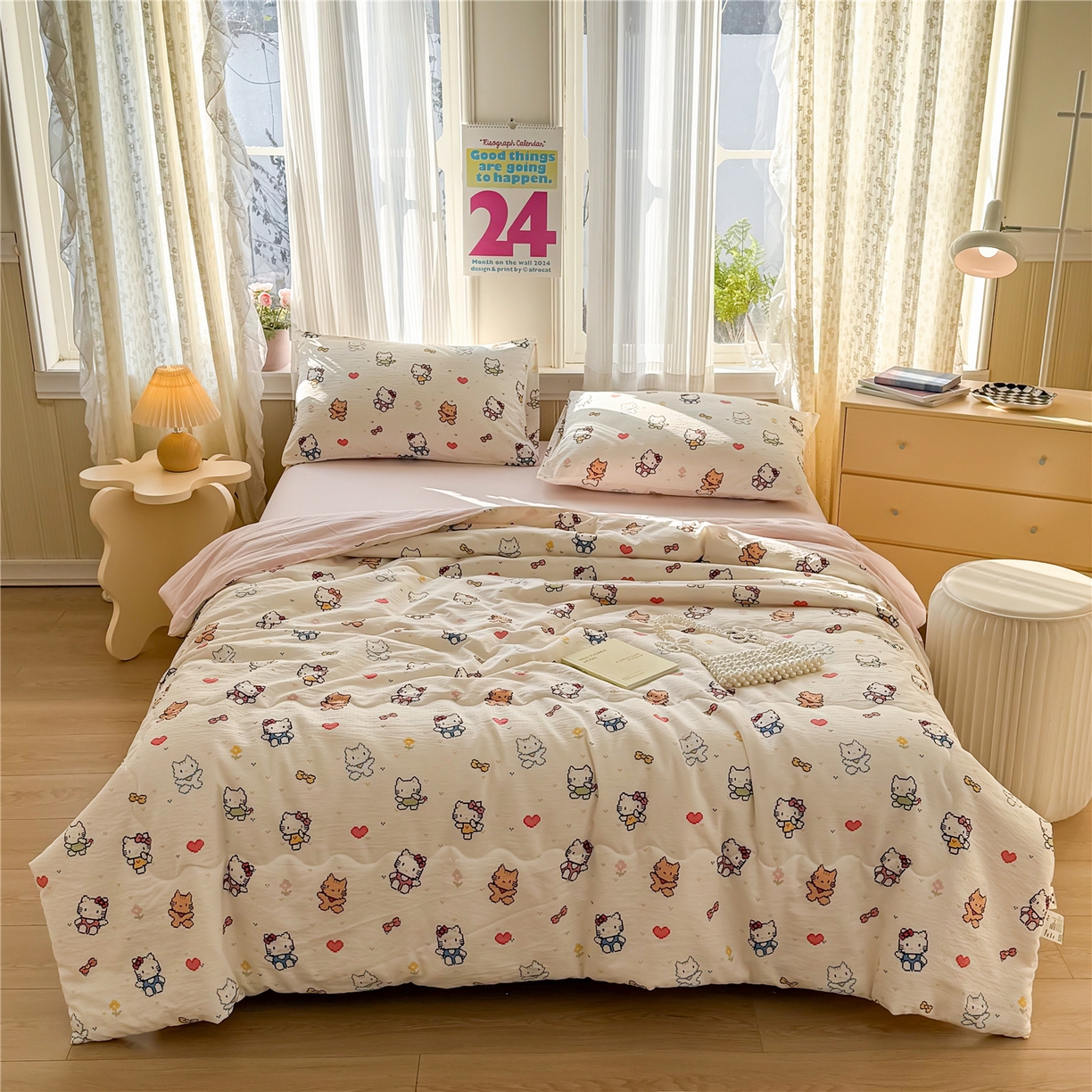 91家纺网 家纺一手货源 找家纺 艺菲阁家纺 2026新款云感双层纱夏被夏凉被空调被 像素小猫