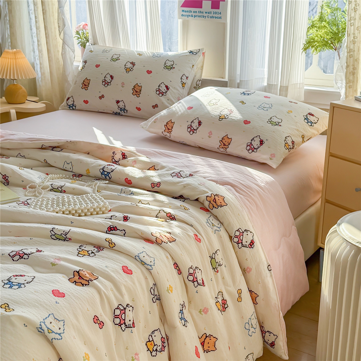 91家纺网 家纺一手货源 找家纺 艺菲阁家纺 2026新款云感双层纱夏被夏凉被空调被 像素小猫