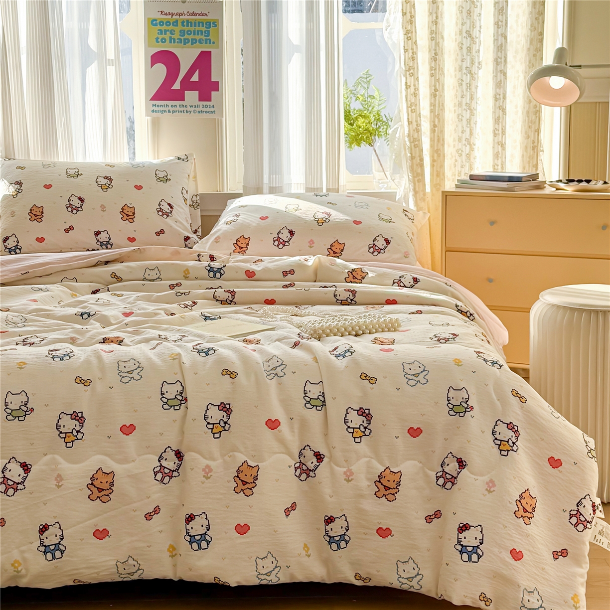 91家纺网 家纺一手货源 找家纺 艺菲阁家纺 2026新款云感双层纱夏被夏凉被空调被 像素小猫