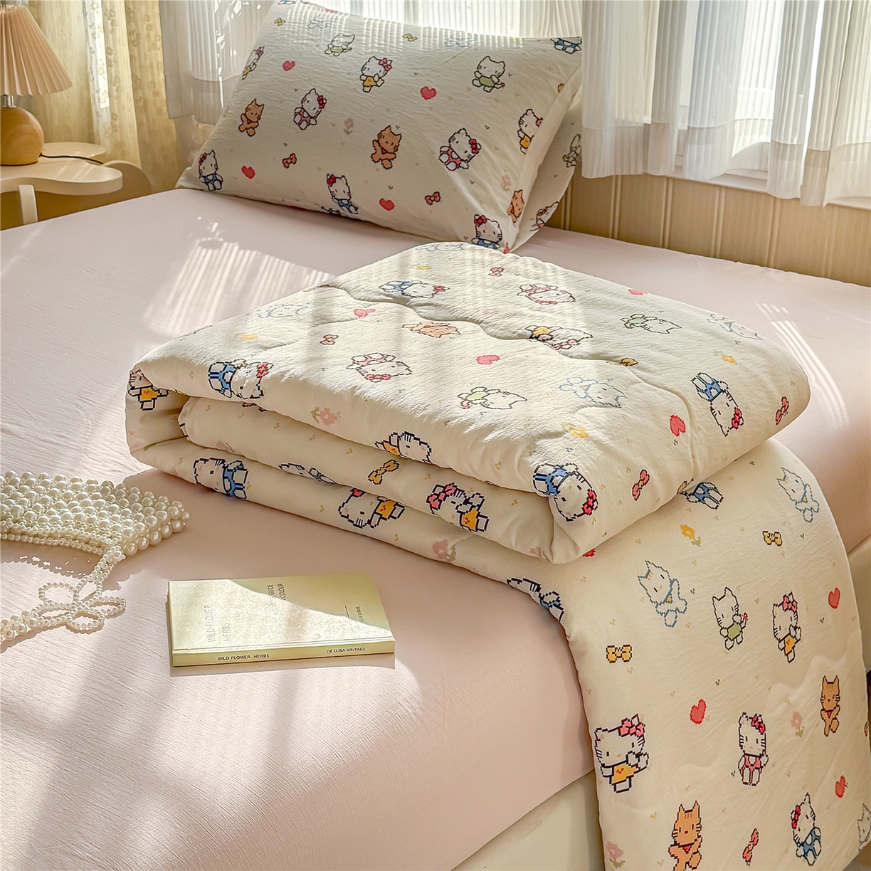 91家纺网 家纺一手货源 找家纺 艺菲阁家纺 2026新款云感双层纱夏被夏凉被空调被 像素小猫