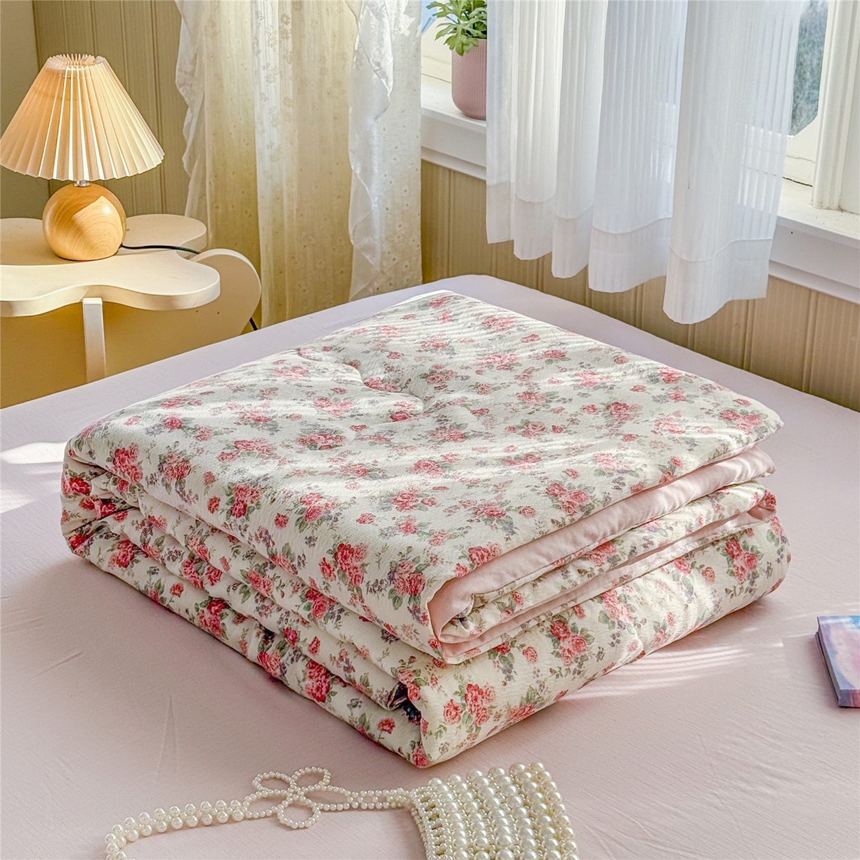 91家纺网 家纺一手货源 找家纺 艺菲阁家纺 2026新款云感双层纱夏被夏凉被空调被 星眠云野(粉)