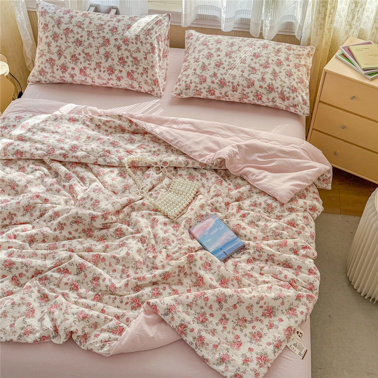 91家纺网 家纺一手货源 找家纺 艺菲阁家纺 2026新款云感双层纱夏被夏凉被空调被 星眠云野(粉)