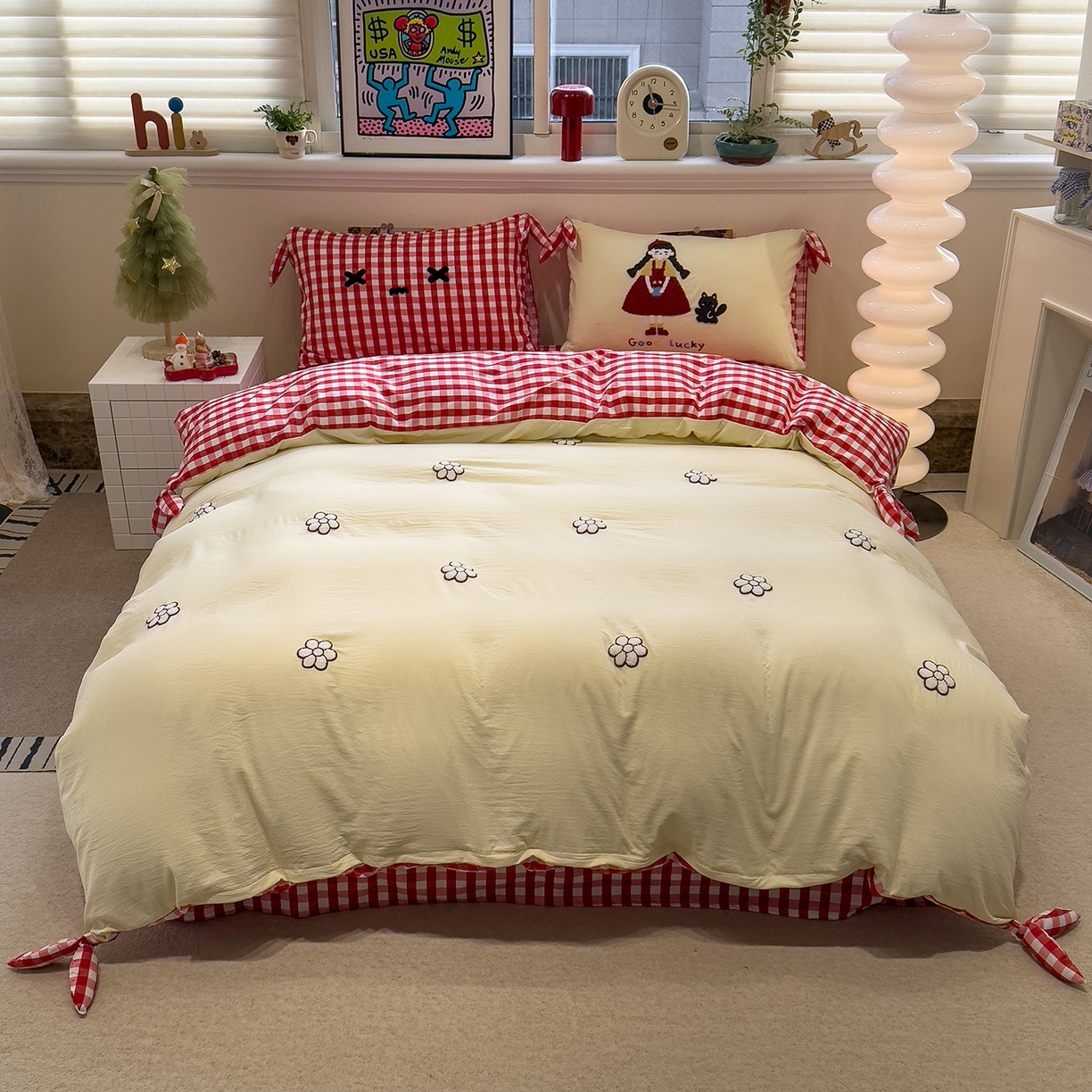 91家纺网 家纺一手货源 找家纺 盼季家纺 2026新款立体蝴蝶结毛巾绣卡通四件套 立体蝴蝶结-扎辫女生