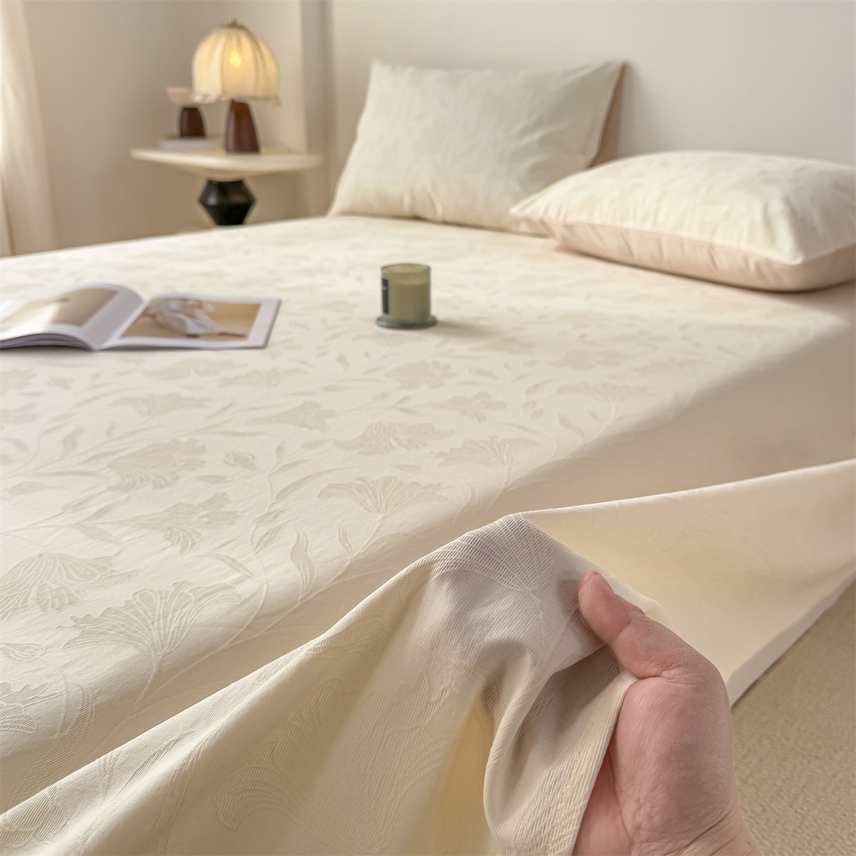 91家纺网 家纺一手货源 找家纺 灰鲸 2025新款A类全棉纯棉色织提花四件套 素瑾-咖