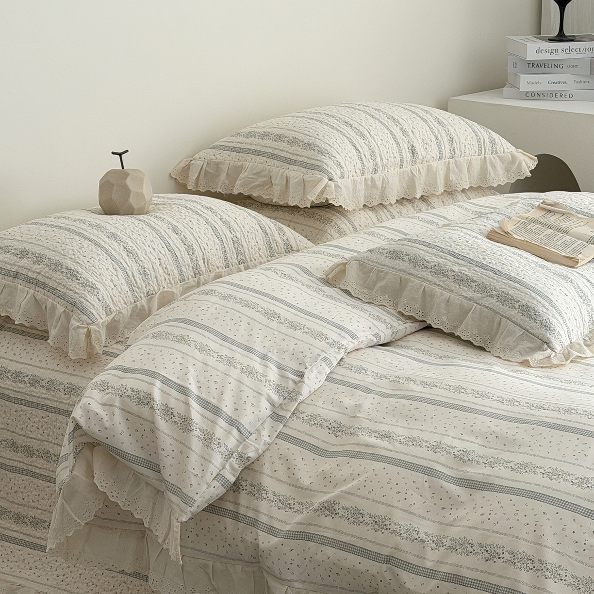 91家纺网 家纺一手货源 找家纺 佰织鑫家居 2025新款全棉法式砂洗棉花床盖款被套四件套 蓝山