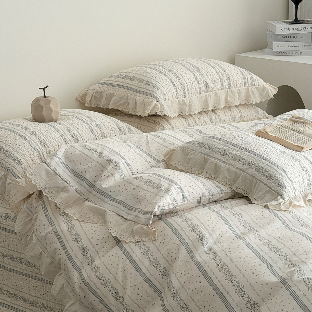 91家纺网 家纺一手货源 找家纺 佰织鑫家居 2025新款全棉法式砂洗棉花床盖款被套四件套 蓝山