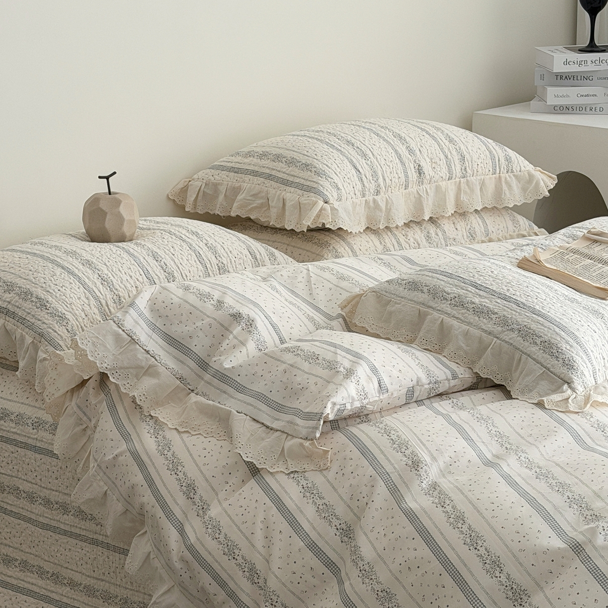 91家纺网 家纺一手货源 找家纺 佰织鑫家居 2025新款全棉法式砂洗棉花床盖款被套四件套 蓝山