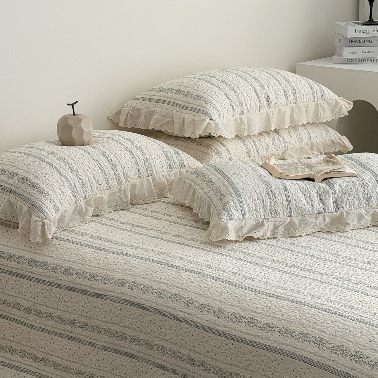 91家纺网 家纺一手货源 找家纺 佰织鑫家居 2025新款全棉法式砂洗棉花床盖款被套四件套 蓝山