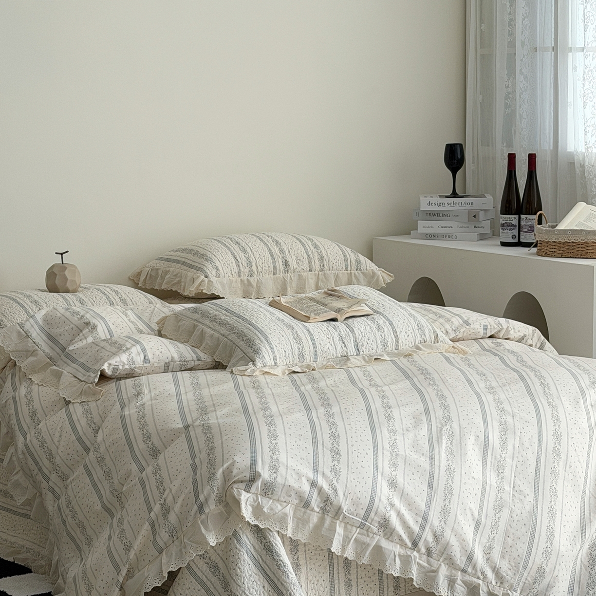 91家纺网 家纺一手货源 找家纺 佰织鑫家居 2025新款全棉法式砂洗棉花床盖款被套四件套 蓝山