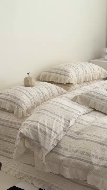 91家纺网 家纺一手货源 找家纺 佰织鑫家居 2025新款全棉法式砂洗棉花床盖款被套四件套 蓝山