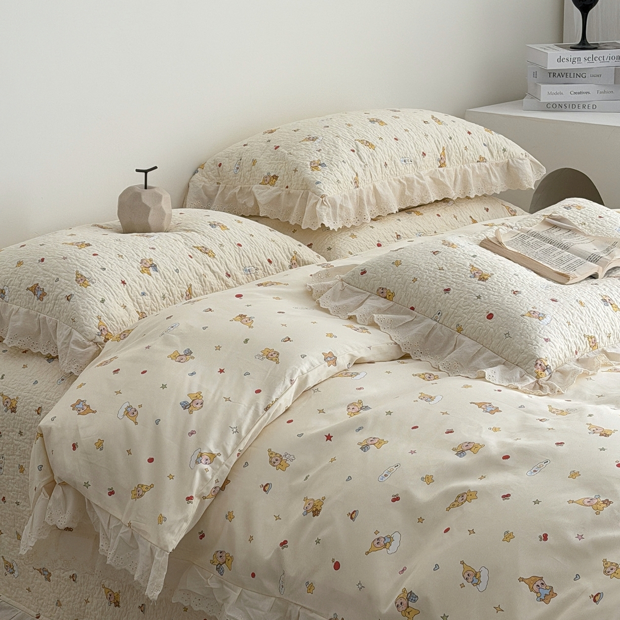 91家纺网 家纺一手货源 找家纺 佰织鑫家居 2025新款全棉法式砂洗棉花床盖款被套四件套 星星人