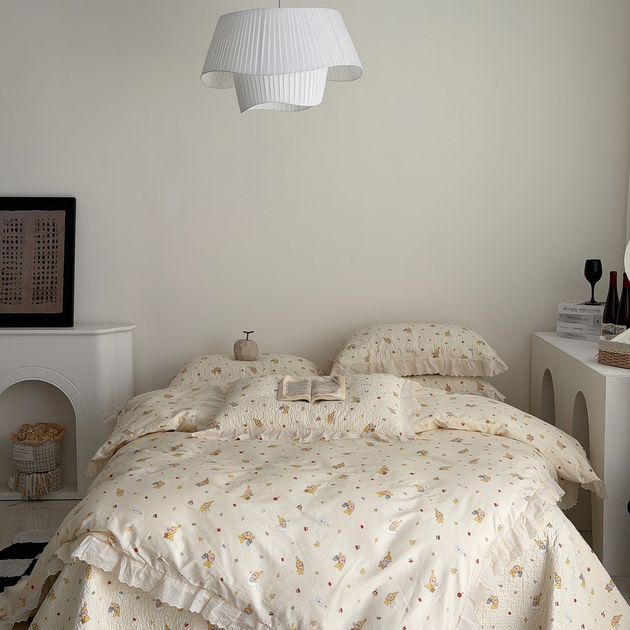 91家纺网 家纺一手货源 找家纺 佰织鑫家居 2025新款全棉法式砂洗棉花床盖款被套四件套 星星人