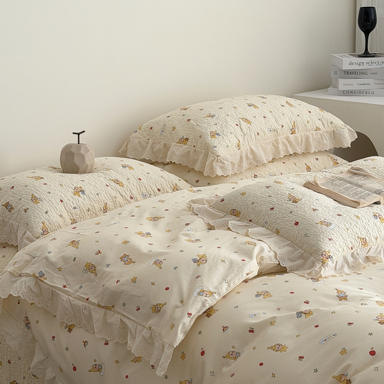 91家纺网 家纺一手货源 找家纺 佰织鑫家居 2025新款全棉法式砂洗棉花床盖款被套四件套 星星人