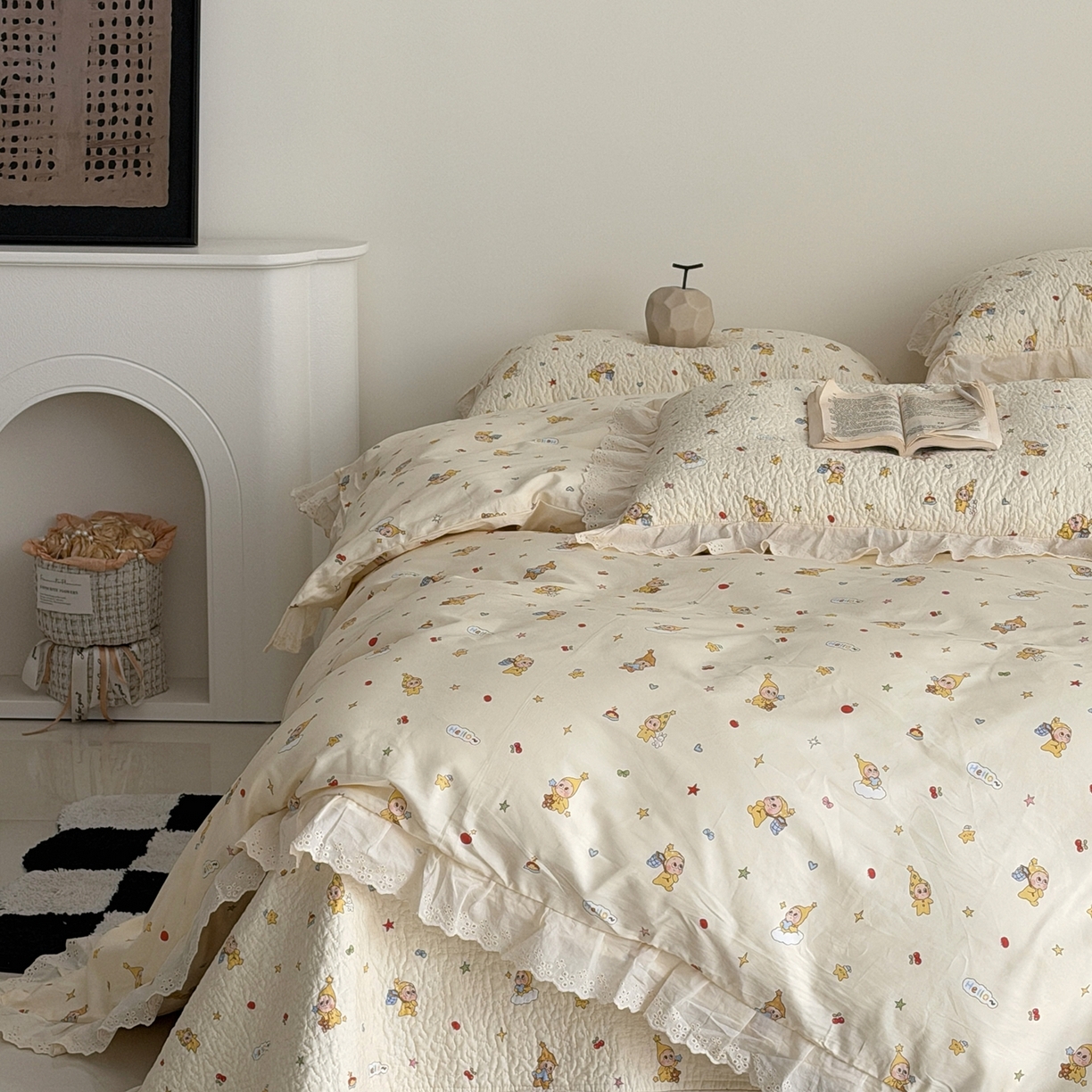 91家纺网 家纺一手货源 找家纺 佰织鑫家居 2025新款全棉法式砂洗棉花床盖款被套四件套 星星人