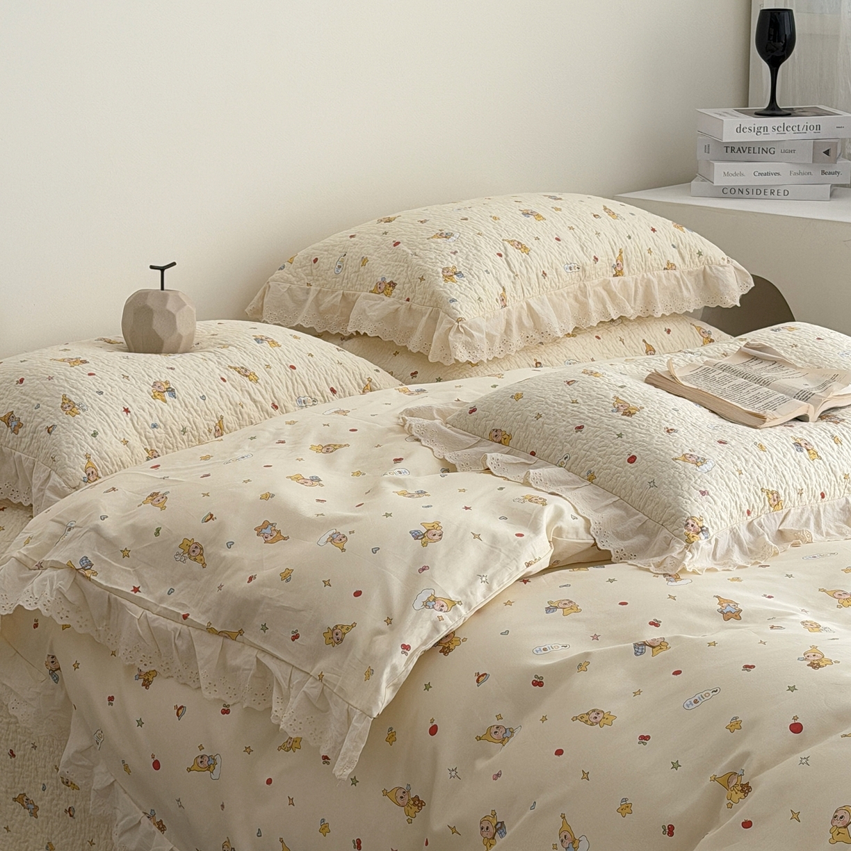 91家纺网 家纺一手货源 找家纺 佰织鑫家居 2025新款全棉法式砂洗棉花床盖款被套四件套 星星人