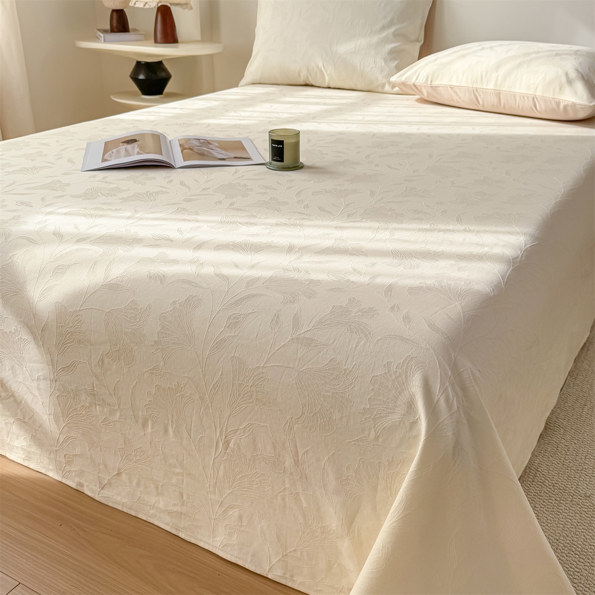 91家纺网 家纺一手货源 找家纺 灰鲸 2026新款全棉纯棉厚织三层水洗色织提花床单单床单床单单件 芳菲-杏仁奶霜