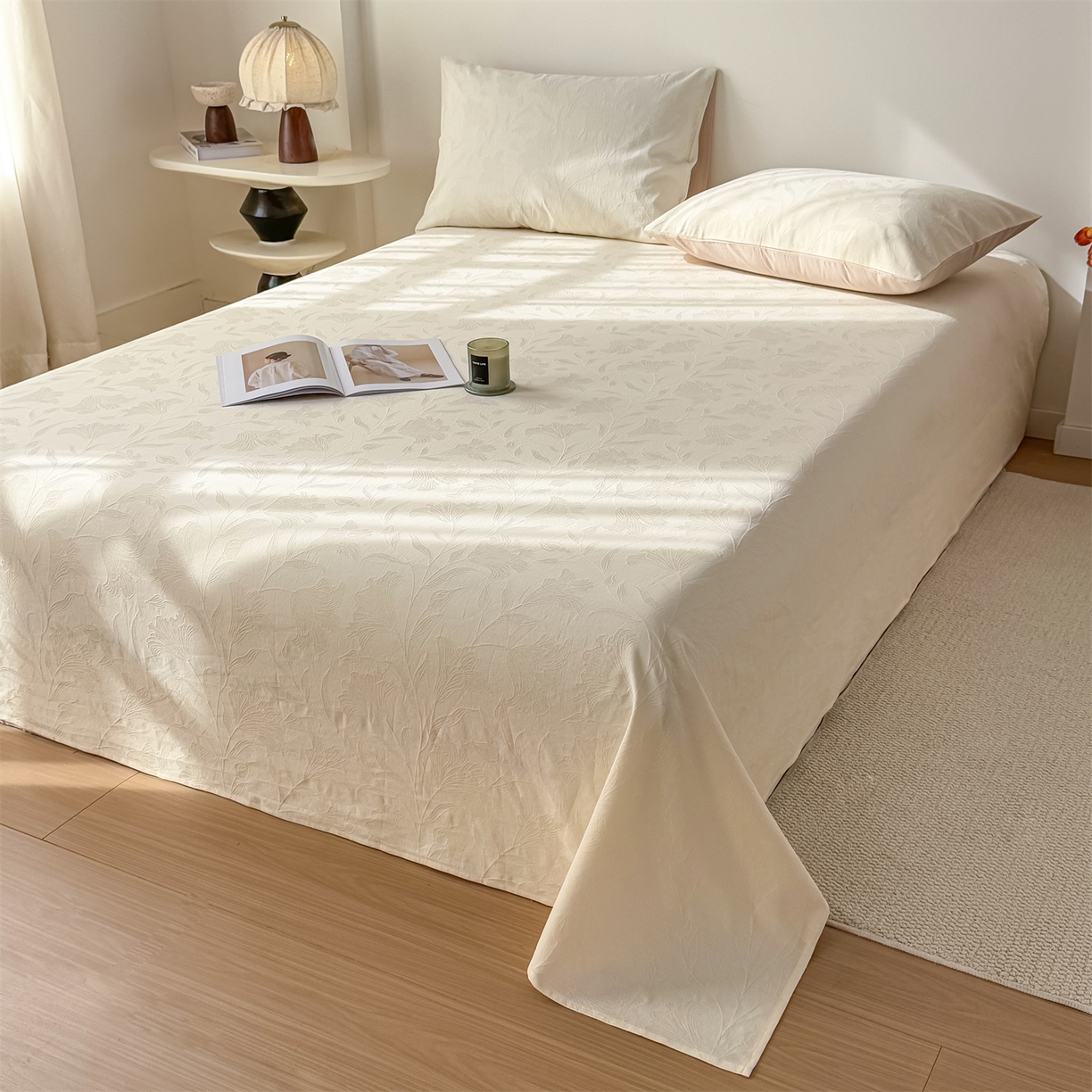 91家纺网 家纺一手货源 找家纺 灰鲸 2026新款全棉纯棉厚织三层水洗色织提花床单单床单床单单件 芳菲-杏仁奶霜