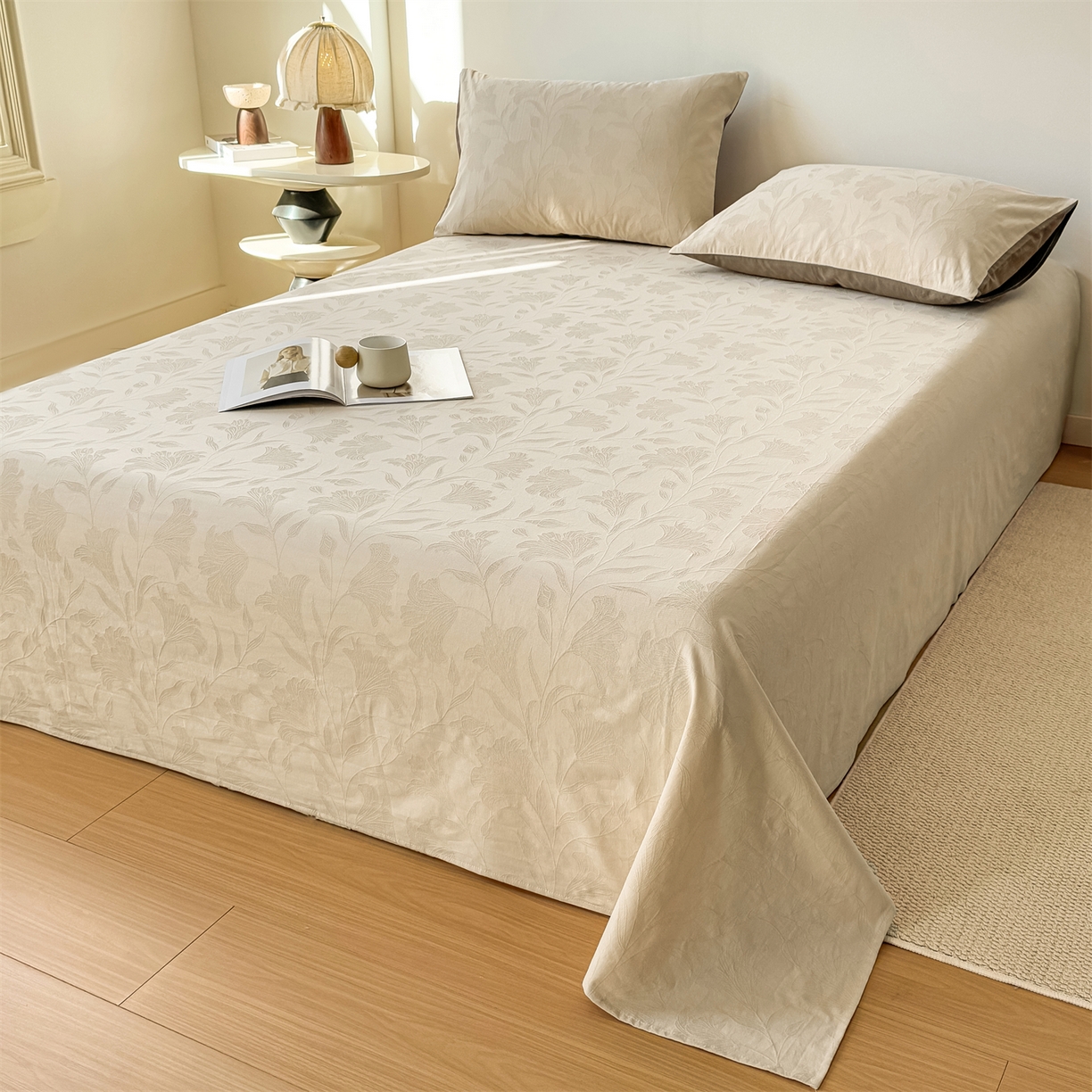 91家纺网 家纺一手货源 找家纺 灰鲸 2026新款全棉纯棉厚织三层水洗色织提花床单单床单床单单件 芳菲-可可奶咖