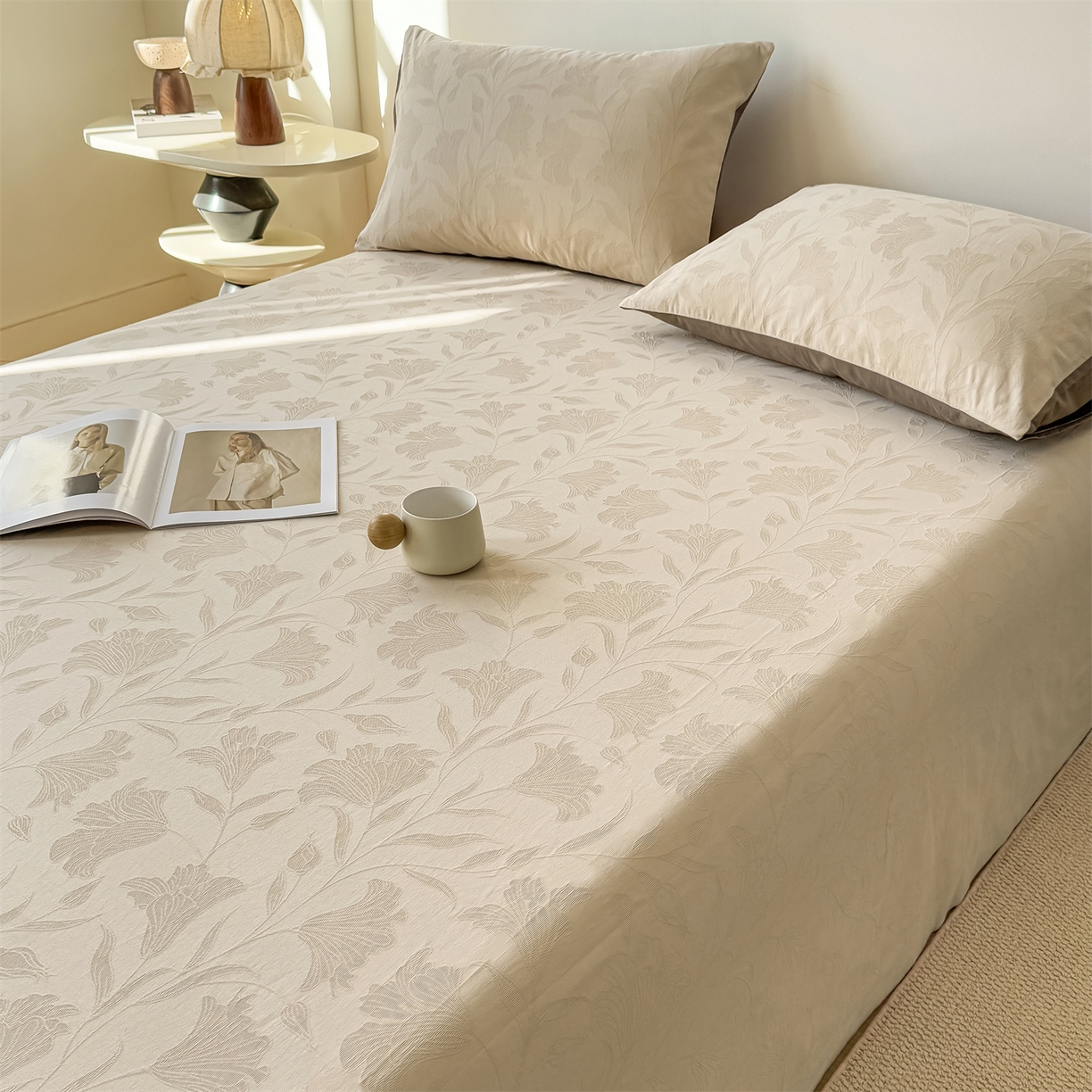 91家纺网 家纺一手货源 找家纺 灰鲸 2026新款全棉纯棉厚织三层水洗色织提花床单单床单床单单件 芳菲-可可奶咖