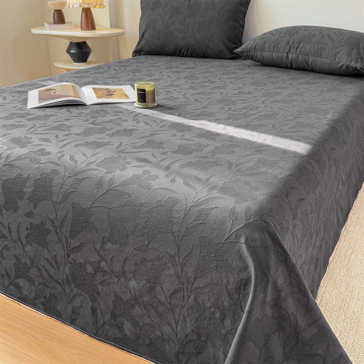 91家纺网 家纺一手货源 找家纺 灰鲸 2026新款全棉纯棉厚织三层水洗色织提花床单单床单床单单件 芳菲-素墨