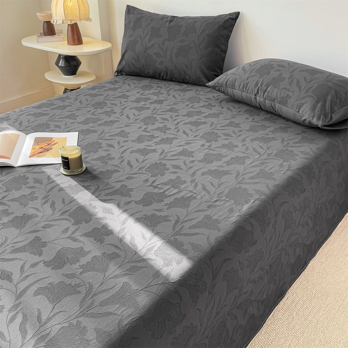 91家纺网 家纺一手货源 找家纺 灰鲸 2026新款全棉纯棉厚织三层水洗色织提花床单单床单床单单件 芳菲-素墨