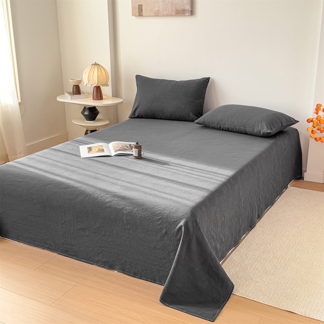 91家纺网 家纺一手货源 找家纺 灰鲸 2026新款全棉纯棉厚织三层水洗色织提花床单单床单床单单件 罗格西亚-素墨