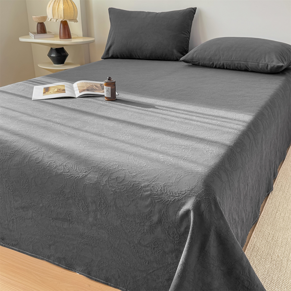 91家纺网 家纺一手货源 找家纺 灰鲸 2026新款全棉纯棉厚织三层水洗色织提花床单单床单床单单件 罗格西亚-素墨