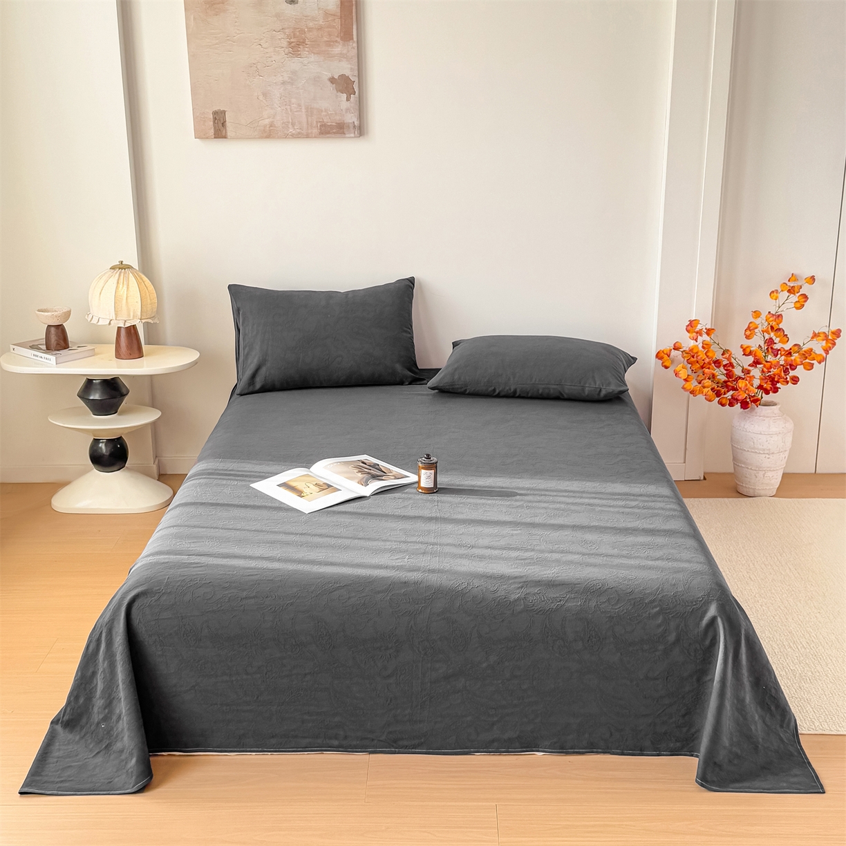 91家纺网 家纺一手货源 找家纺 灰鲸 2026新款全棉纯棉厚织三层水洗色织提花床单单床单床单单件 罗格西亚-素墨