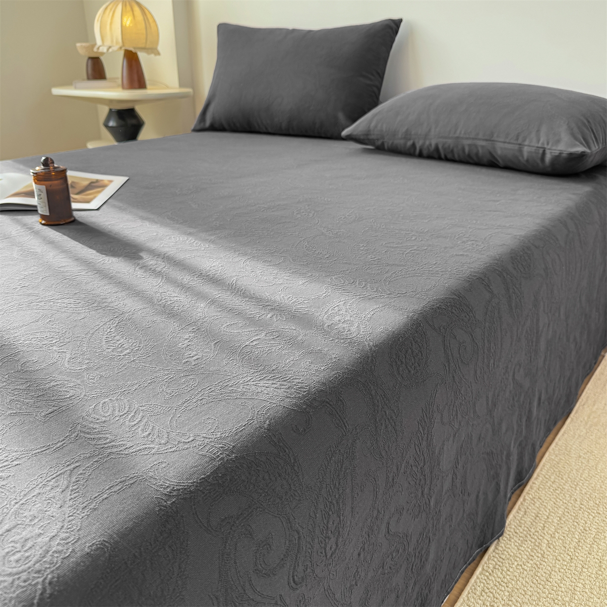 91家纺网 家纺一手货源 找家纺 灰鲸 2026新款全棉纯棉厚织三层水洗色织提花床单单床单床单单件 罗格西亚-素墨