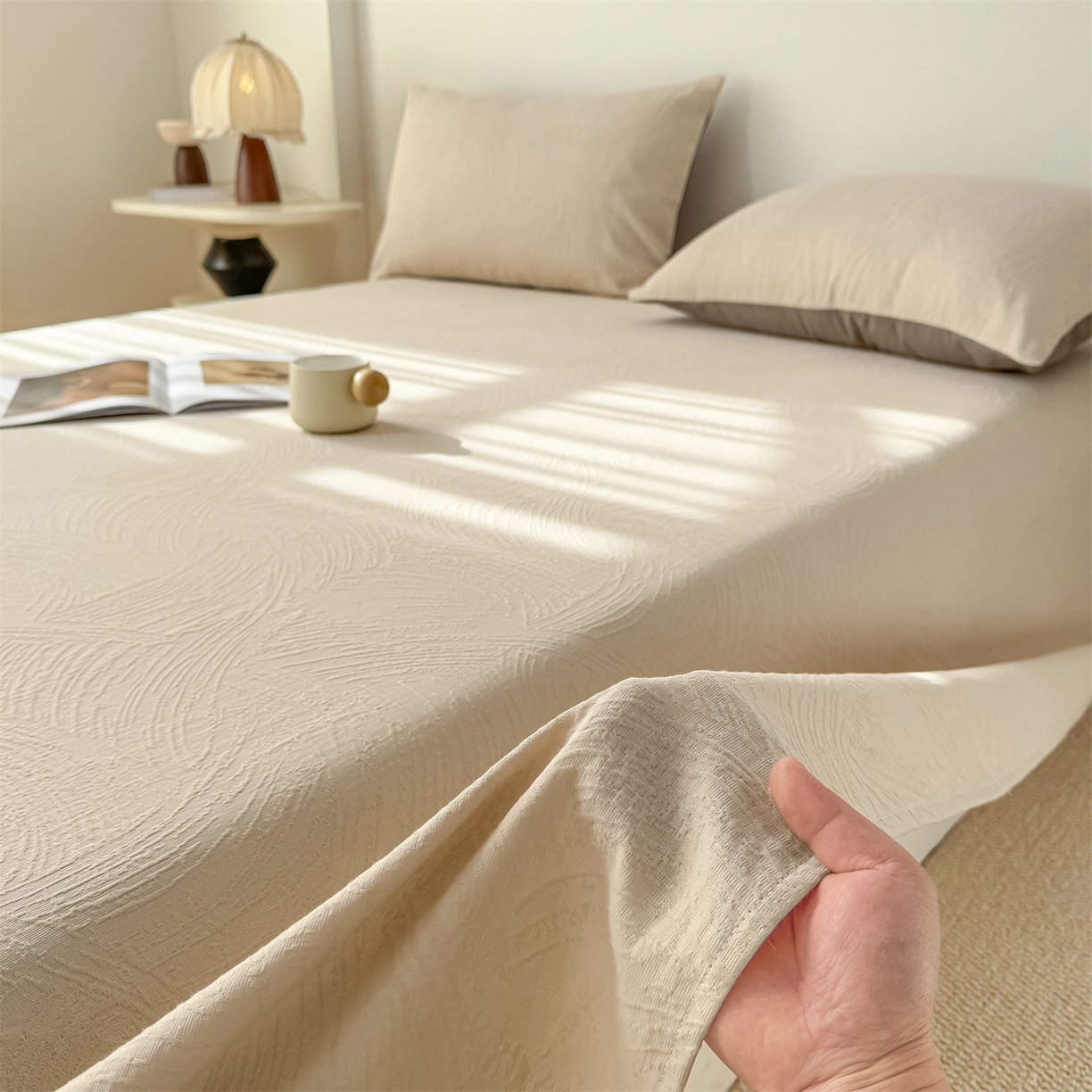 灰鲸 2026新款全棉纯棉厚织三层水洗色织提花床单单床单床单单件 柔丝漫语-可可奶咖