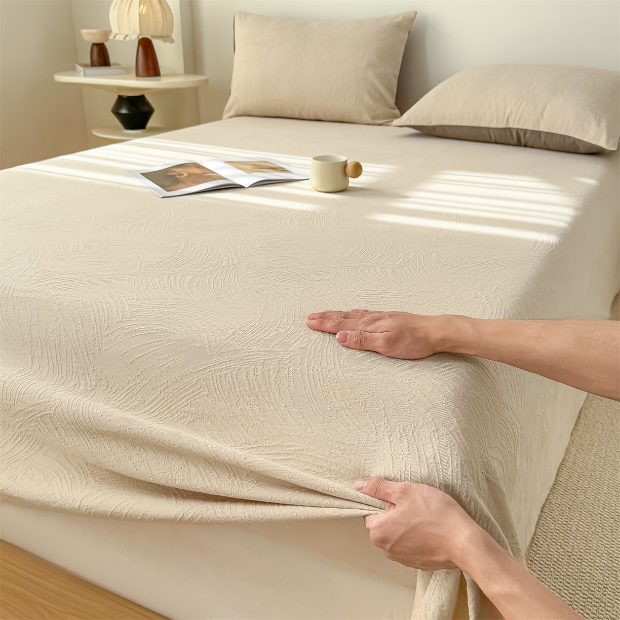 91家纺网 家纺一手货源 找家纺 灰鲸 2026新款全棉纯棉厚织三层水洗色织提花床单单床单床单单件 柔丝漫语-可可奶咖