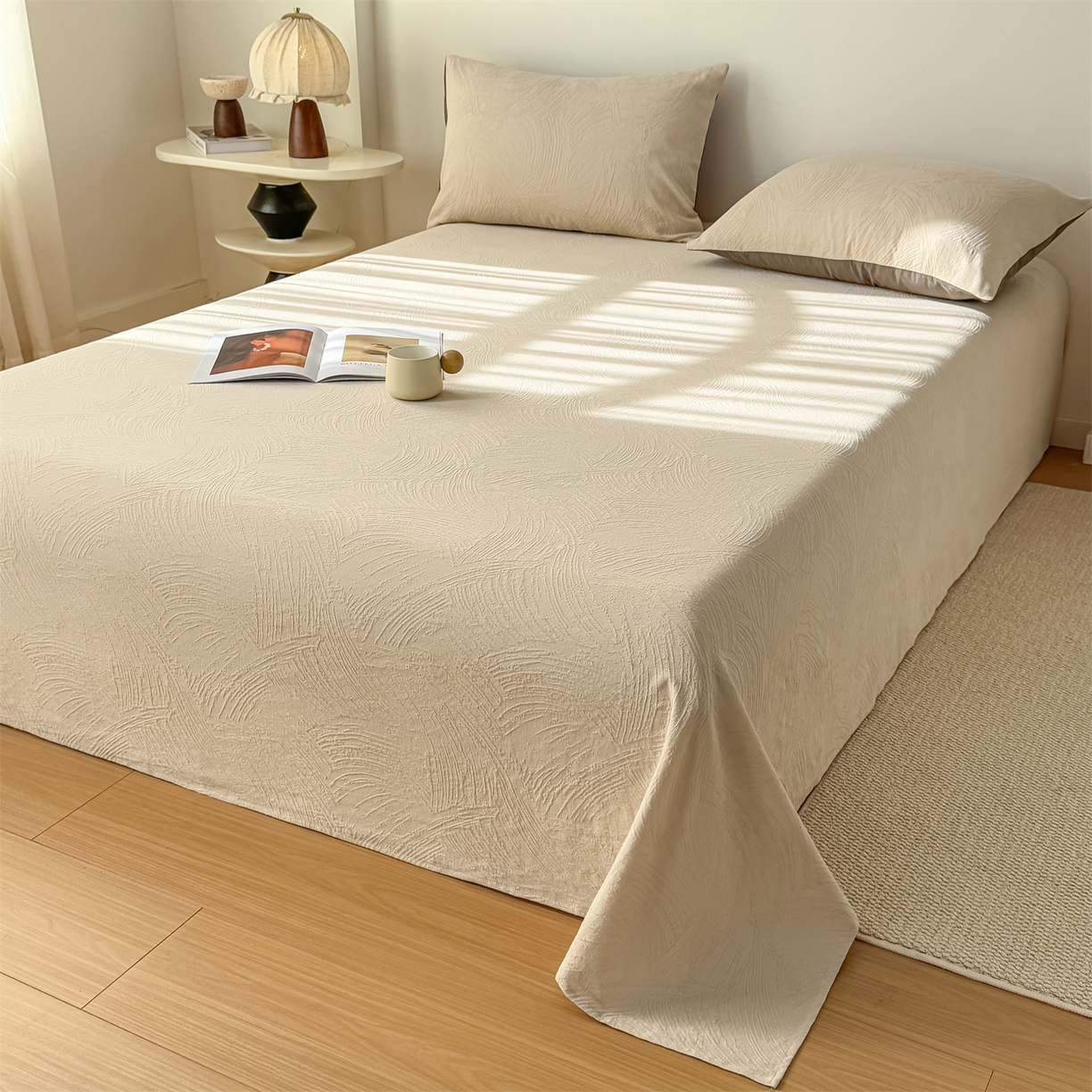 91家纺网 家纺一手货源 找家纺 灰鲸 2026新款全棉纯棉厚织三层水洗色织提花床单单床单床单单件 柔丝漫语-可可奶咖