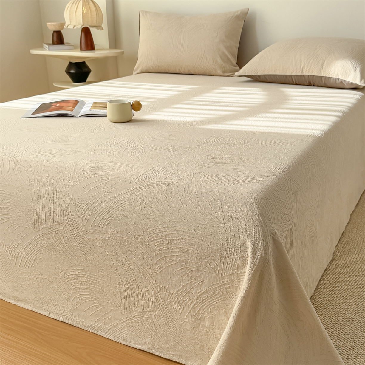 91家纺网 家纺一手货源 找家纺 灰鲸 2026新款全棉纯棉厚织三层水洗色织提花床单单床单床单单件 柔丝漫语-可可奶咖