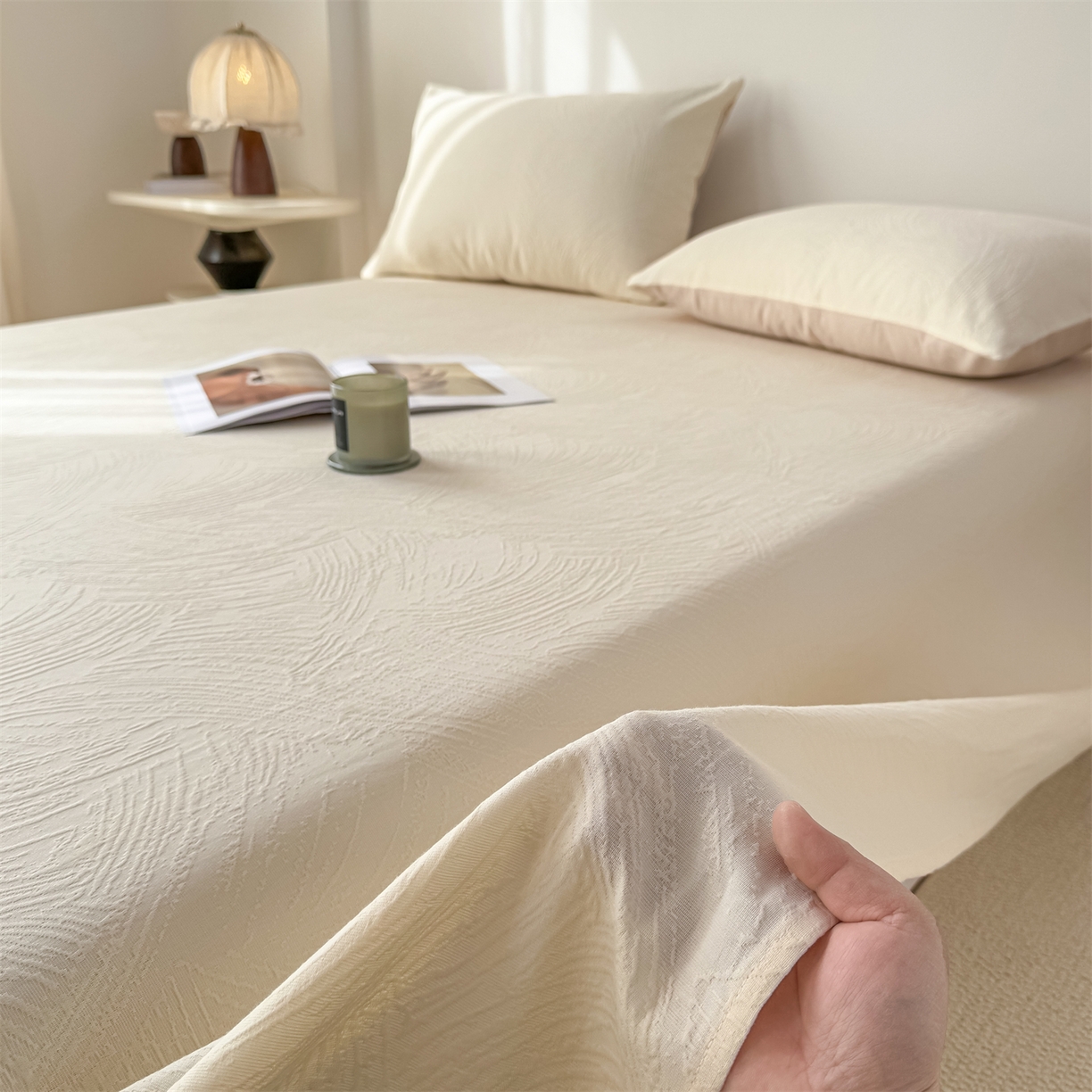 灰鲸 2026新款全棉纯棉厚织三层水洗色织提花床单单床单床单单件 柔丝漫语-杏仁奶霜